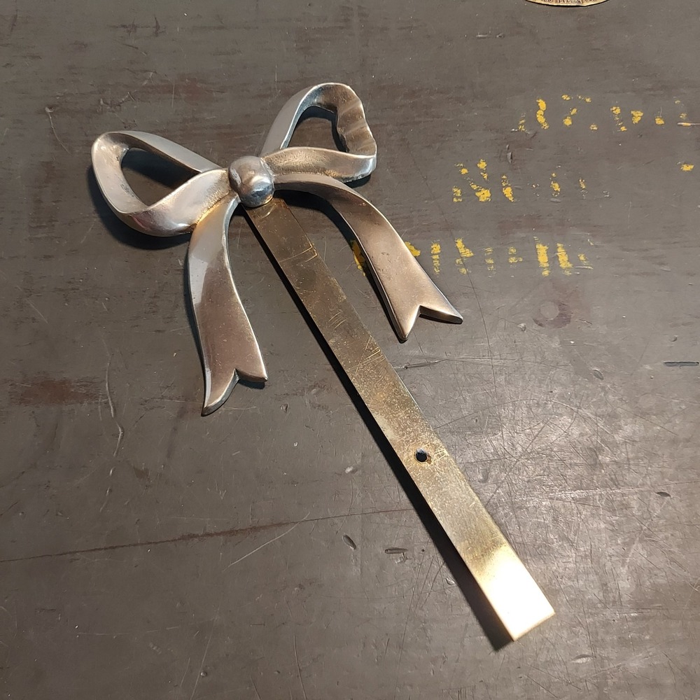 Vintage Silver Tone Metal Ribbon Bow Wall Hook Brass Plate 9x4.5 Coquette Decor